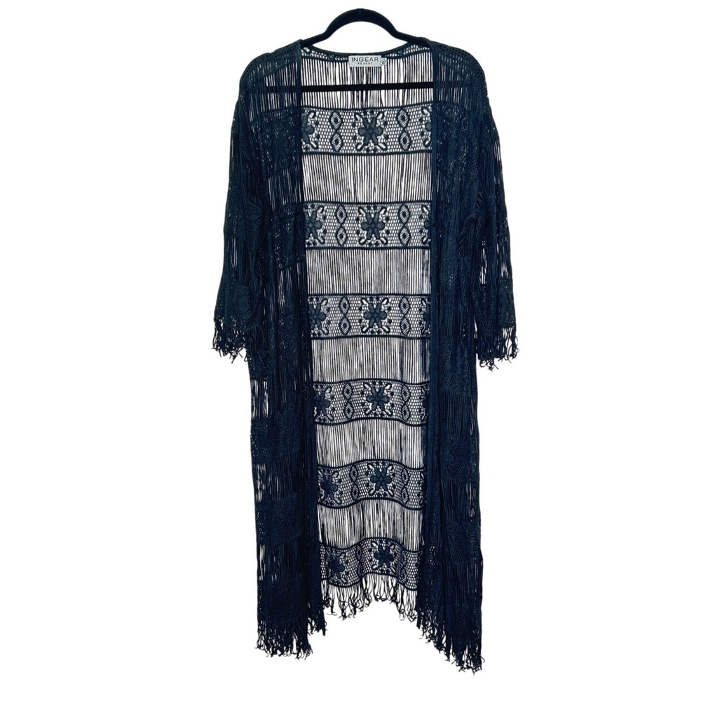 Ingear Resort Black Crochet Fringe Duster Kimono L XL Cotton Swim Cover Up